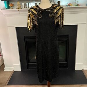 ✨ Vintage 1980s ELITE Black & Gold Sequin Beaded Art Deco Glam Gown | Size L